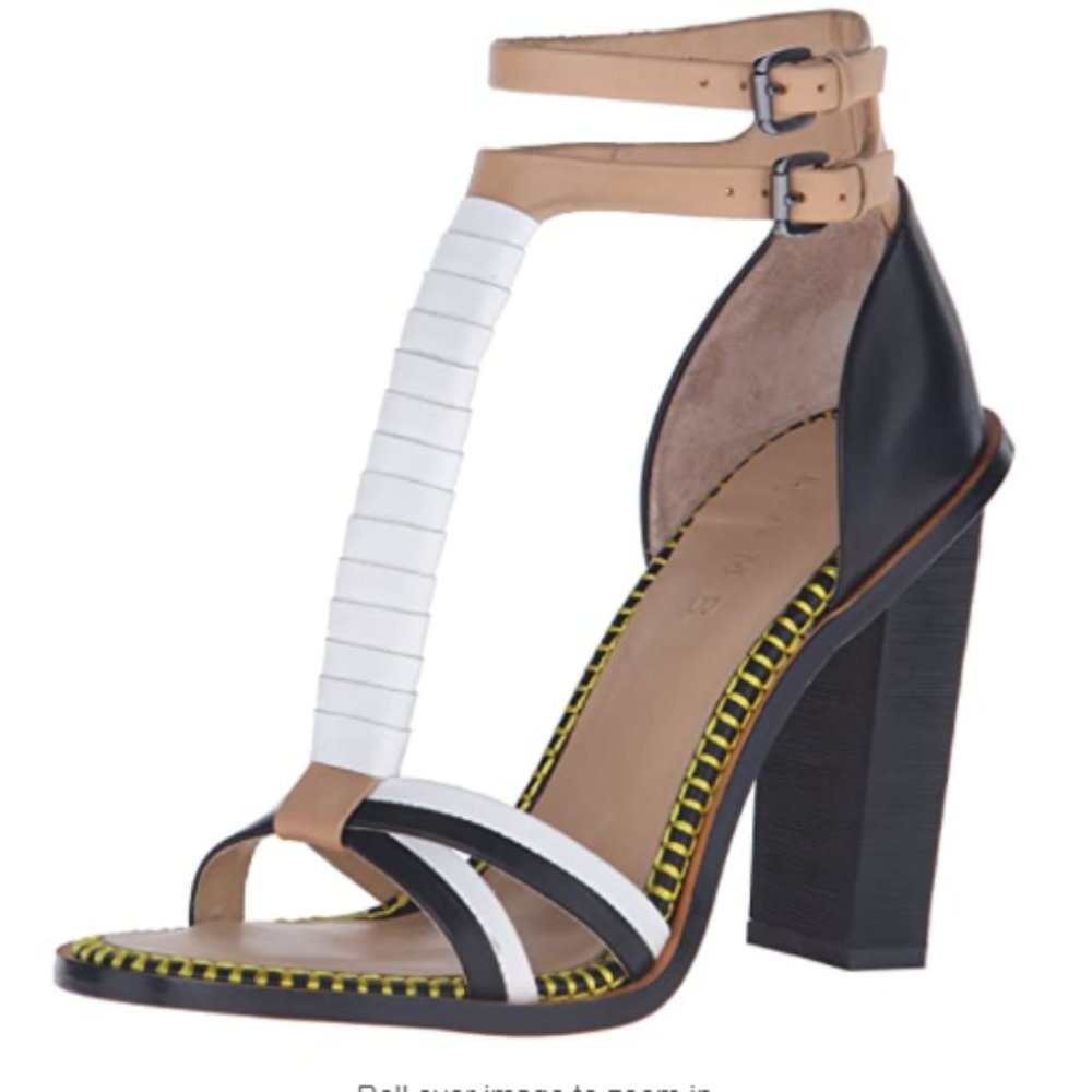 L.A.M.B. Oracle Double Buckle Sandal Leather Block Heels in Black, White, & Tan